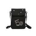 Mini black crossbody phone bag with sparkling rhinestone number 5 and flower design - Rhinestone Camellia No 5 Decor / Black