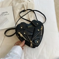 Black heart-shaped motorcycle style crossbody bag with gold zippers and metal studs - Black