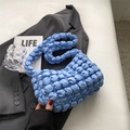 Light blue bubble pleated shoulder bag with unique puffy texture and cloud strap - Blue