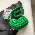 Vibrant green bubble pleated shoulder bag with matching strap on grey blazer - Green
