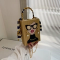 Modern light yellow box bag with chic fashion illustration and silk scarf handle - Gold