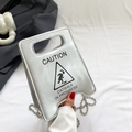 Silver metallic crossbody bag with Caution Catwalk design and silver ball chain strap - Silver