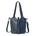 Patchwork denim tote bag with dual straps and outer pocket in vintage blue tones - Light Blue