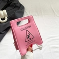 Pink crossbody bag with Caution design and silver metal bead chain strap - Pink