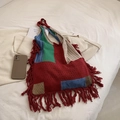 Borsa a tracolla in maglia patchwork rosso scuro con blocchi colorati e frange - Rosso
