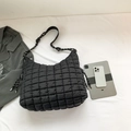 Black quilted puffer hobo bag with woven rope handles and large capacity storage - Black