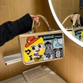 Beige leather handbag with colorful street art embroidery featuring a cartoon girl - Khaki