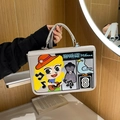 Creamy white hand-held square bag with colorful street art embroidery and a top handle - Gray