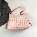 Quilted puffer tote bag in light pink featuring colorful braided rope shoulder straps - Pink