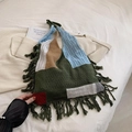 Multicolor patchwork knit tote bag with fringe tassels and retro woven patterns - Dark Green
