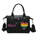 Schwarze Nylon-Handtasche mit rosa Afaw-Logo, Regenbogenherz und breitem Schultergurt - Schwarz