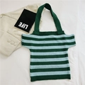 Knitted shoulder tote bag with dark green and light blue horizontal stripes - Green Large