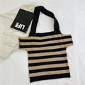 Knitted tank top with black and brown horizontal stripes, square neck, and wide straps - Yellow Large