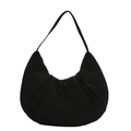 Borsa hobo minimalista in nylon nero con trama a pieghe e dettaglio con coulisse e zip - Nero