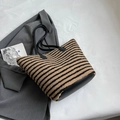 Striped fleece tote bag in khaki and black with slender leather shoulder straps - Khaki