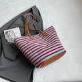 Striped fleece tote bag in blue and red with brown leather straps and base - Blue