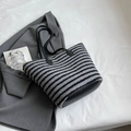 Large black and grey striped faux fur tote bag with leather trim on casual blazer - Gray