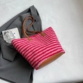 Pink and red striped lamb wool tote bag with brown leather handles and base - Pink