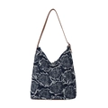 Retro denim tote bag featuring white floral embroidery and brown leather shoulder straps - 30x27x7 / Dark Blue