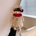 Handmade crochet shoulder bag in khaki with big red lips and pearl bow details - Gold Princess (Khaki)