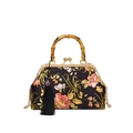 Sac brocart noir à fleurs avec poignée en bambou et bandoulière chaîne dorée - Noir