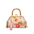 Sac à main en satin rose fleuri avec poignée en bambou et fermoir en métal rétro - Rose
