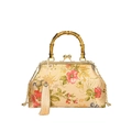 Nouveau sac chinois avec poignée en bambou, motif floral en soie et chaîne à pompons - Doré