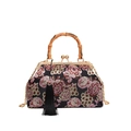 Bolso étnico bordado de flores con asa de bambú y correa de cadena metálica elegante - Negro