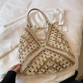 Bolso hobo de paja de ganchillo beige y marrón con correa de cuero y patrón floral - Caqui
