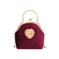 Vintage Abendtasche aus weinrotem Samt mit goldenem Herz-Perlen-Relief und Henkel - Burgunderrot