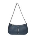 Retro navy blue faux leather underarm bag with gold rivets and wide shoulder strap - Blue