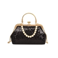 Elegante borsa da sera nera con paillettes, manico dorato e dettaglio con perle - Nero
