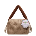 Gevoerde gewatteerde crossbodytas in beige met bruine hengsels en witte pluche bedel - Met Hanger / Khaki