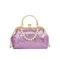 Elegante borsa da sera con paillettes viola, manico di perle e catena dorata - Viola