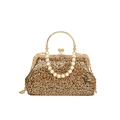 Borsa da sera con paillettes dorate, manico rotondo, cinturino di perle e catena in metallo - Oro