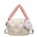 Quilted white puffer cloud bag with pink handles and plush charm for women - Off White