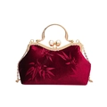 Vintage burgundy velvet shell clutch with bamboo pattern and pearl clasp detail - Burgundy