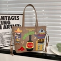 Bruine lederen shopper tas met Mexicaanse stijl tequila en chili borduurwerk design - Khaki