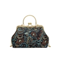 Sac jacquard à fleurs vintage avec poignée dorée et bandoulière en chaîne élégante - Noir