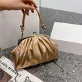 Metallic gold iridescent pleated clutch bag with retro kiss-lock and metal chain - Gold