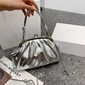 Silver glossy pleated evening clutch bag with metal frame closure and chain strap - Silver