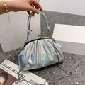 Chic holographic silver pleated handbag with vintage clasp and metal chain strap - Rainbow