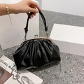 Glossy black pleated dumpling bag with leather handle and metal chain shoulder strap - Black