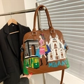 Brown vintage Boston bag with colorful Milano city embroidery and detachable strap - Yellow Brown
