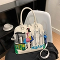 White leather handbag with Milano city fashion illustration and embroidery details - White