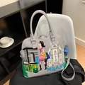 Grey PU shell bag with colorful Milano embroidery and detachable shoulder strap - Gray