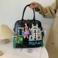 Black leather Milano shell bag with vintage embroidery and dual handles variant - Black