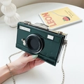 Dark green camera-shaped crossbody bag with silver chain strap and leather finish - Green