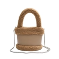 Brown faux fur and leather patchwork bucket bag with silver metal chain strap - Khaki