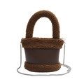 Dark brown faux fur and leather bucket bag with silver metal chain shoulder strap - Brown